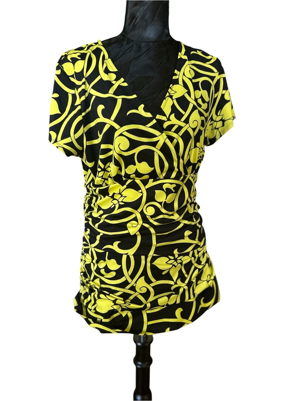 INC International Concepts XL Black Yellow Ruched Faux Wrap Top